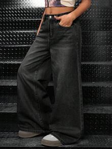 SHEIN Quần jean denim ống rộng cạp cao, họa tiết ngôi sao, tua rua, rách nhẹ, kiểu dáng thời trang Y2K thập niên 90 dành cho bé gái, gấu quần cắt thô và túi xéo, phong cách thường ngày thoải mái, tối giản, thiết thực, đa năng, chất liệu mềm mại, thích hợp cho mùa thu đông, đi học, lễ hội, thời trang đường phố. - màu đen - Xem 6