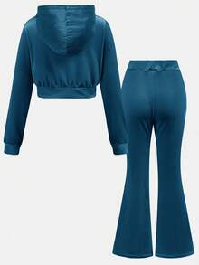 SHEIN Tween Girl Velvet Hoodie & Sweatpants Set, Casual Sportswear - Teal Blue - View 10