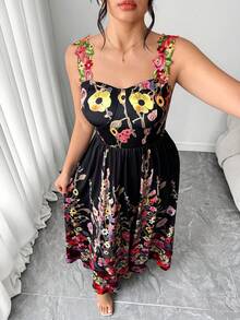 Elenzga Plus Size Women's Spaghetti Strap Dress, Elegant Lady Style Evening Gown, Waist Cinching, Slimming - Black - View 2