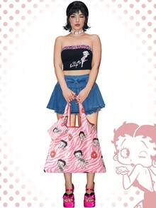 Betty Boop | ROMWE Large Capacity Foldable Tote Bag With Coin Pouch, Portable Shopping Bag, Gym Bag - Pink - View 7