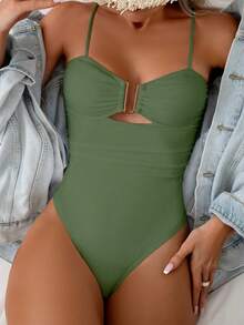 Bonvoyette 1件纯色吊带连体泳衣，度假沙滩装 - 軍綠色 - 查看 3
