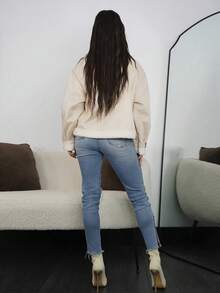 SAYEHFBABY Chaqueta de invierno para mujer, con ajuste holgado, cuello con cremallera, forro térmico, chaqueta casual para otoño/invierno - Albaricoque - Ver 2