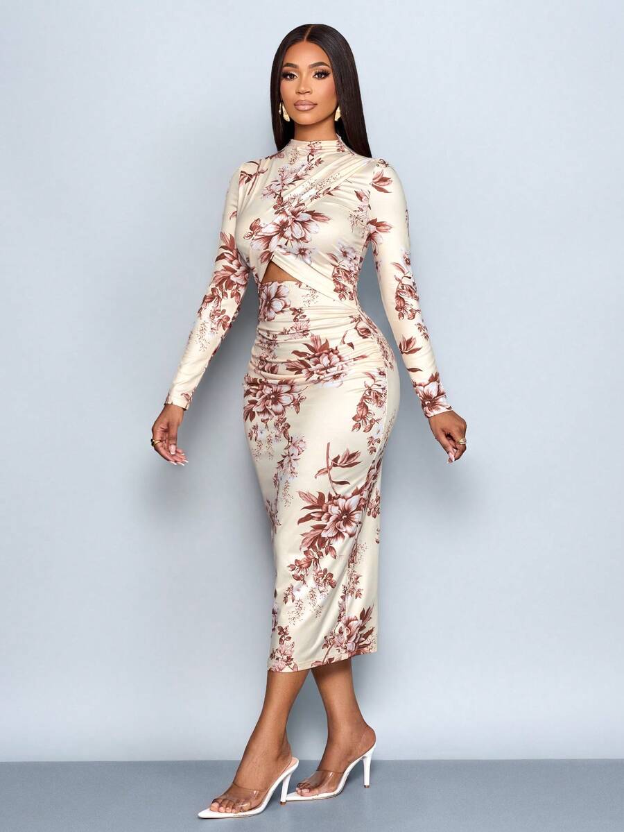 SOLERSUN 女士优雅简约印花镂空长袖连衣裙，适合浪漫情人节、生日、教堂礼拜、夜间外出、圣诞派对、秋冬季等场合。 - 杏色 - 查看 1