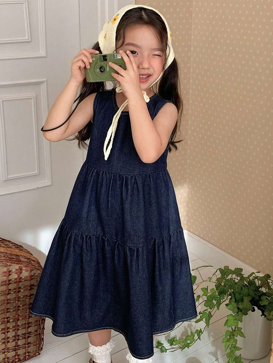 DAZY Young Girl' Round Neck Washed Denim Casual Summer Dress - Dark Wash - View 1