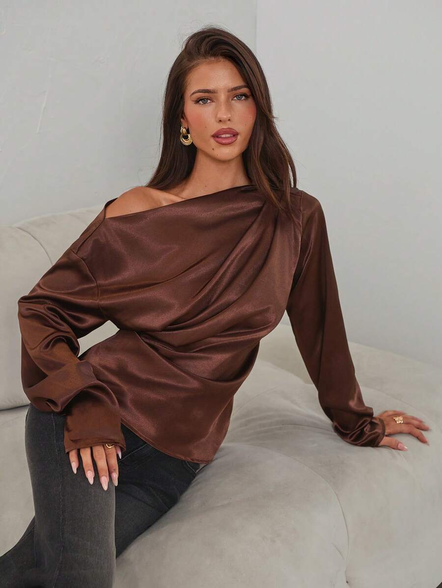 Aloruh Women's Old Money Style Elegant Commuter Asymmetric Off The Shoulder Cinched Waist Ruched Brown Satin Blouse,Elegant Women's Blouses,Brown Top - Brown - View 1