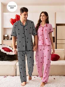 CoupledUp Striped Heart Print Casual Loungewear Pajama Set For Men - Black - View 3