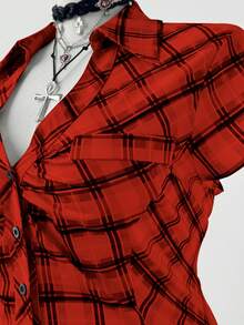 Sunspun Áo sơ mi ngắn tay kẻ caro cỡ lớn, thắt eo, kiểu dáng thường ngày. - Đỏ - Xem 5