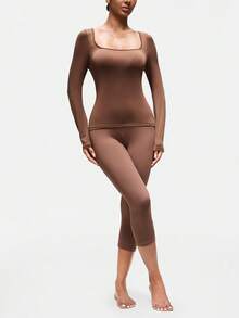 SHAPORA 女士性感圆领弹力休闲棕色上衣，家居服 - 咖啡棕 - 查看 3