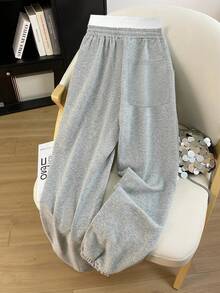 Resyla 女士拼接腰带抽绳松紧腰休闲慢跑裤 - 杏色 - 查看 2