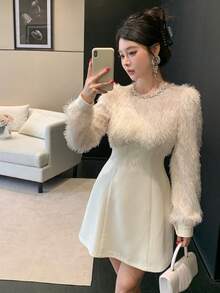 DAZY Đầm nữ thanh lịch dáng lửng, có tua rua, phối nhiều mảnh, thích hợp cho công sở. - Màu be - Xem 5