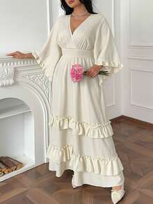 Vibekara Plus Size V-Neck 3/4 Flare Sleeve Ruffle Trim Elegant Vintage Casual Cute Vacation Dress - Apricot - View 4
