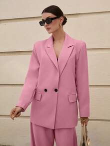 EURMUSE Women's Solid Color Notched Collar Single-Breasted Long Sleeve Jacket And Wide-Leg Pants Casual Business Suit Set - Dusty Pink - View 7