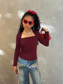 SHEIN Tween Girls Fall Fashionable Snug Fit T-Shirt With Raglan Sleeves, U-Neck, Ruched Waist, Stretchy - Burgundy - View 4