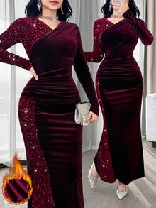 Feyla Fitted Long Burgundy Party Dress With Sequins And Ruched Velvet, Long Sleeves And V Neck Christmas Dresses For Women - Burgundy - View 1