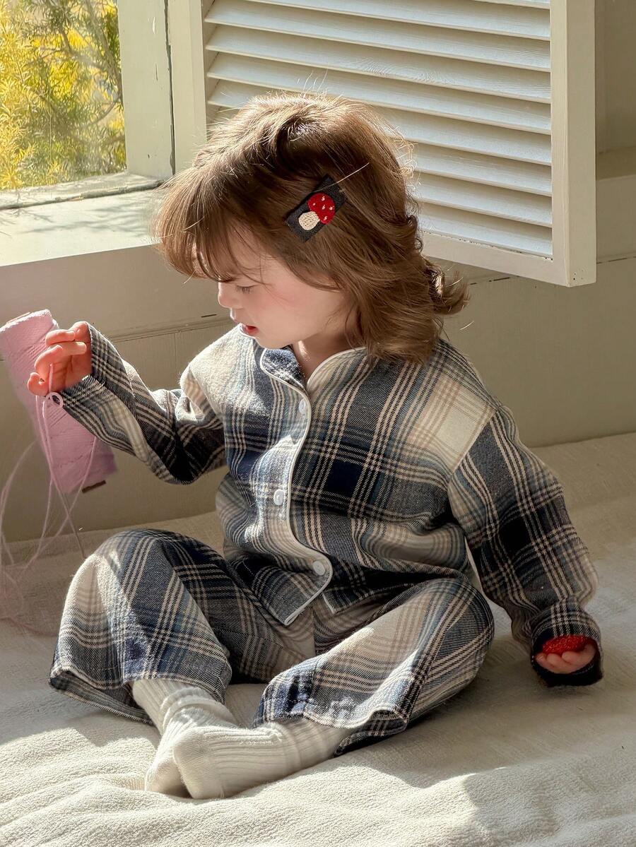 DAZY Baby Girl Plaid Long Sleeve Top And Pants Pajama Set Toddler Girls Clothes - Blue - View 1