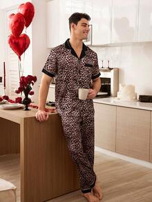 SHEIN 男士仿丝豹纹印花滚边开衫睡衣套装 - 摩卡棕 - 查看 6