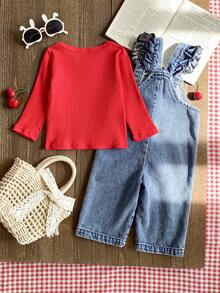 SHEIN Vintaside Kids 1pc Baby Girl Blue Denim Casual Cute Embroidered Floral Strap Denim Jumpsuit, Suitable For Outings And Parties