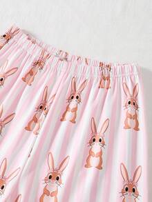 2件套女童休闲可爱兔子条纹印花开衫短袖和裤子睡衣套装 - 彩色 - 查看 6