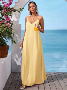 Vivid Eden V-Neck Backless Casual Textured Fabric Dress For Women, Suitable For Outing & Vacation - Light Yellow - View 2