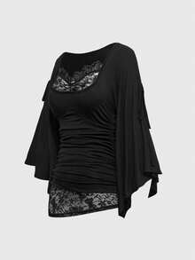 ROMWE Goth Loose Collar Cinched Waist Batwing Sleeve Lace Women T-Shirt - Black - View 3