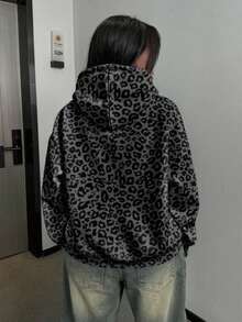 Rovax Gray Leopard Pattern Printed Hooded Women's Sweatshirt For Fall/Winter - Dark Grey - View 2