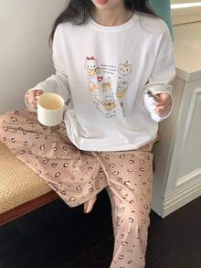 DAZY Conjunto de pijama con parte superior estampada con oso de dibujos animados y pantalón estampado con estampado de leopardo para mujer - Blanco - Ver 6
