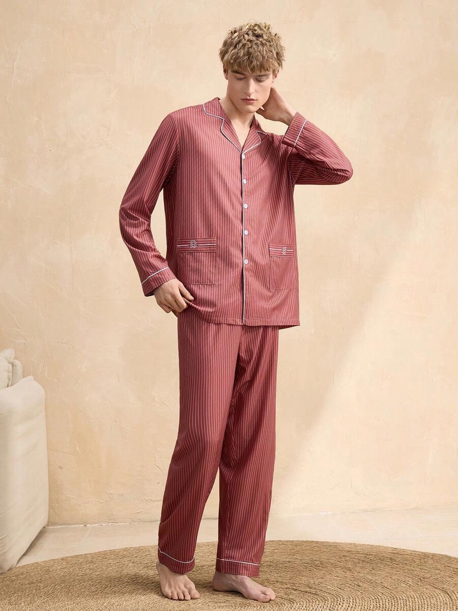 SHEIN 男士条纹翻领长袖单排扣上衣和裤子睡衣套装 - 彩色 - 查看 1