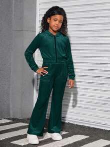 SHEIN Tween Girls' Velvet Hoodie & Sweatpants Set, Casual Sportswear - Green - View 11