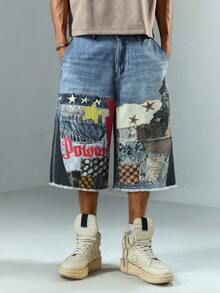 ROMWE MEN Street Life Men's Retro Digital Print Shorts - Blue - View 1