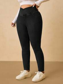 SHEIN Tall CURVE 大码纯色休闲弹力牛仔裤 - 黑色 - 查看 5