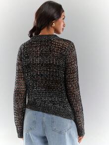 Glamine Women's Black Round Neck Long Sleeve Hollow Mesh Tops,Asymmetric Hem Knit Sweater For Blackness,Autumn,Casual,Night Out,Spring/Winter Layering - Black and White - View 4