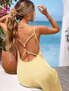 Vivid Eden V-Neck Backless Casual Textured Fabric Dress For Women, Suitable For Outing & Vacation - Light Yellow - View 7