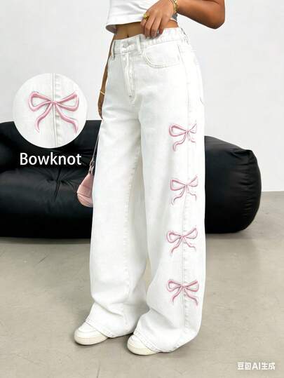 Tween Girls' Minimalist Bow Decor Straight Leg Loose Fit Jeans With Belt Loops