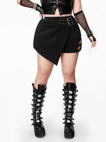 Whyspr Quần váy nữ cỡ lớn màu trơn thiết kế khóa cài kiểu punk, phong cách miền Tây Gothic gợi cảm, quần short đi xem hòa nhạc. - màu đen - Xem 8