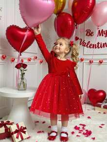 Glamorique Kids Girls' New Velvet Patchwork Star Mesh Red Christmas Dress, Suitable For Autumn/Winter, Quality Fabric, Soft Star Mesh, Velvet Patchwork Design, Suitable For Christmas And Casual Occasions  Princess Halloween/Christmas Party  Dresses For Young Girls In Autumn And Winter Party Dress