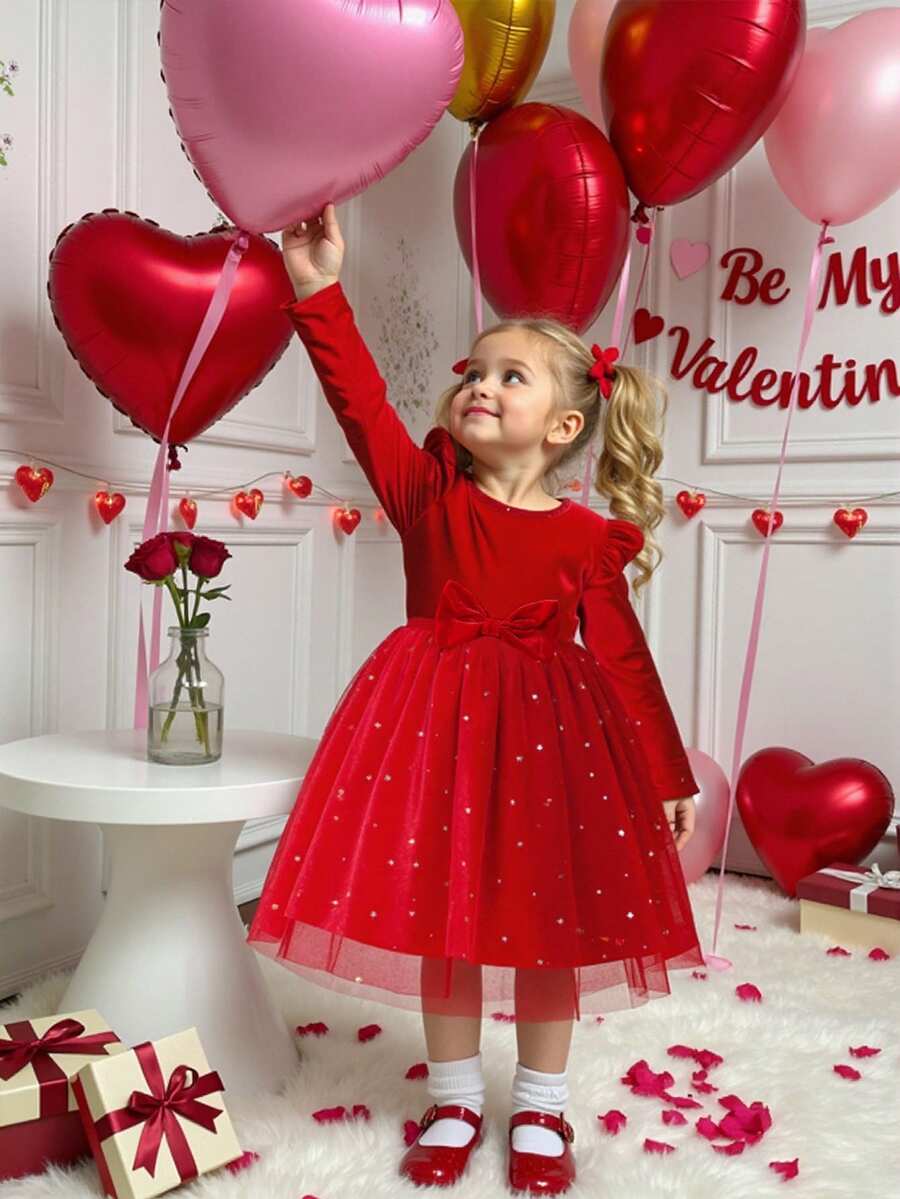 Glamorique Kids Girls' New Velvet Patchwork Star Mesh Red Christmas Dress, Suitable For Autumn/Winter, Quality Fabric, Soft Star Mesh, Velvet Patchwork Design, Suitable For Christmas And Casual Occasions  Princess Halloween/Christmas Party  Dresses For Young Girls In Autumn And Winter Party Dress