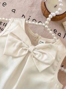 SHEIN Baby Girls' Elegant Sleeveless Bow Decor Ruffle Mesh Dress, Minimalist Fashion For Spring/Summer - White - View 4