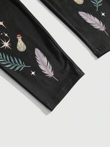 ROMWE Quần legging đen in hình bướm Gothic, sao và trăng, họa tiết cây cỏ và lông vũ, dáng ôm, cỡ lớn, thích hợp cho mùa thu/đông. - Màu xanh lá cây đậm - Xem 5