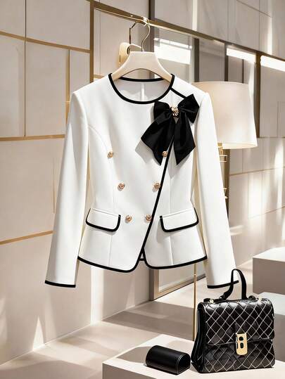 GlowEve CURVE Plus Size Women's Elegant Elegant New Solid Color Contrast Long Sleeve Jacket Womens Suits