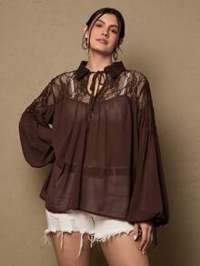 Freevana 大码波西米亚浪漫优雅蕾丝拼接镂空长袖衬衫，适合情人节、音乐节等场合。 - 棕色 - 查看 5