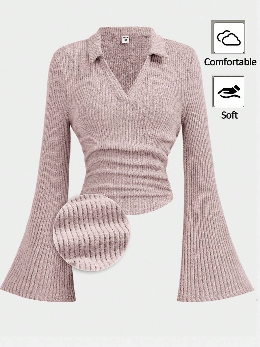 Girlism 少女纯色荷叶边袖露脐T恤 - 粉色 - 查看 1