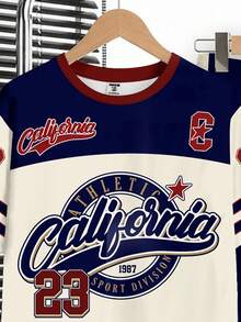 青少年男童新款休闲简约Y2K风格英文字母数字23运动复古美式撞色宽松舒适时尚简约圆领短袖T恤和裤子套装 - 彩色 - 查看 4