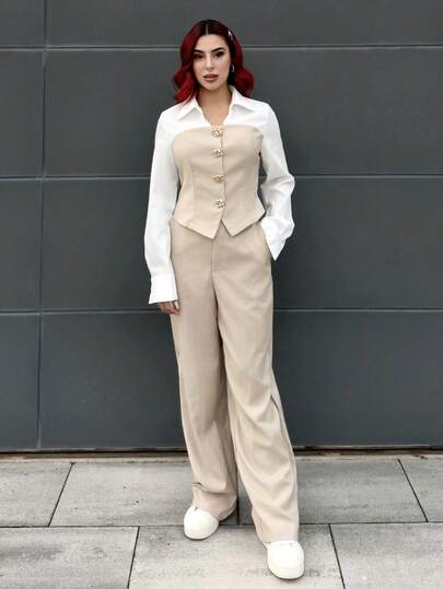 Bearsaez 休闲优雅杏色仿亚麻拼布衬衫配宽松直筒西装裤两件套女装/秋季女装/通勤装/教师装/返校季/复古款/商务休闲女装/女士办公室装