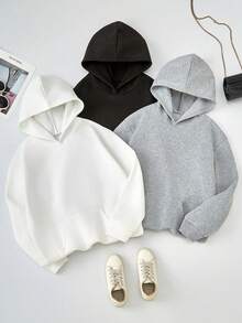 SHEIN 3pcs Tween Girl Basic Casual Black, White, Gray Sweatshirt Set - Multicolor - View 12