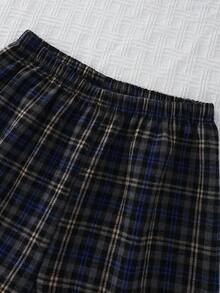 Pantalones rectos de tela tejida con cintura con cordón, ajuste holgado, estilo casual a cuadros azul marino, ropa cómoda para adolescentes - Multicolor - Ver 5