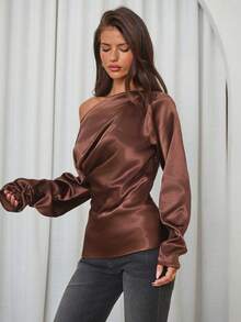 Aloruh Women's Old Money Style Elegant Commuter Asymmetric  Off The Shoulder Cinched Waist Ruched Brown Satin Blouse,Elegant Women's Blouses,Brown Top - Brown - View 6