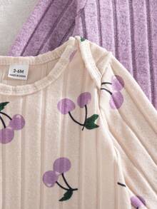 SHEIN 3件組女嬰秋季櫻桃印花信封領長袖連身衣套裝 - 紫色 - 查看 7