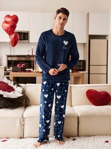 SHEIN 舒适爱心印花长袖长裤法兰绒男士睡衣套装