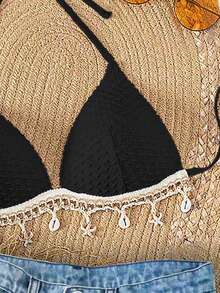 Swim Mod Conjunto de bikini con tiras halter, nudo delantero y textura de tela de unicolor para primavera (cantidad de accesorios aleatoria) - Negro - Ver 2