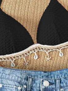 Swim Mod Conjunto de bikini con tiras halter, nudo delantero y textura de tela de unicolor para primavera (cantidad de accesorios aleatoria) - Negro - Ver 3